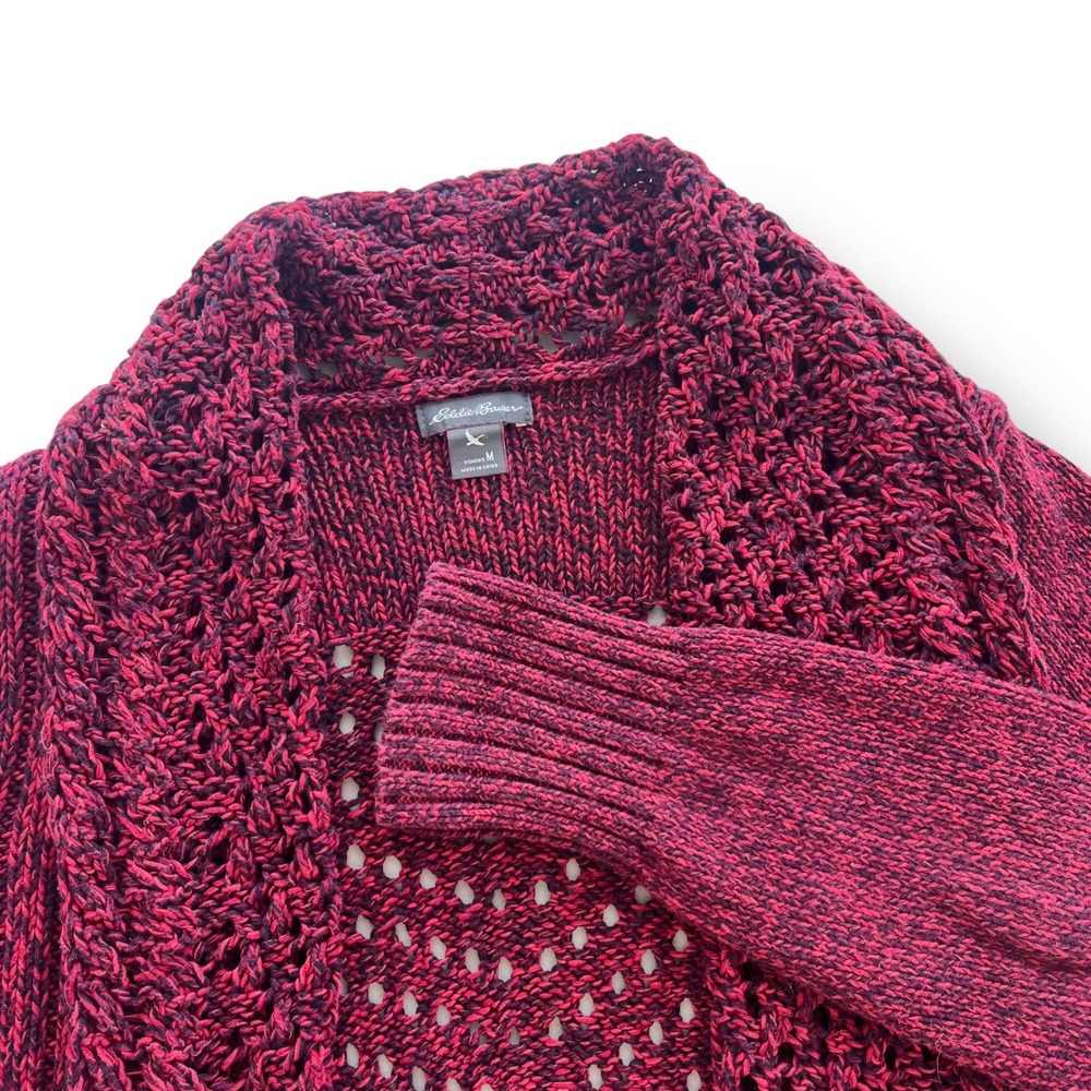 Eddie Bauer Women's M Red Black Marled Cotton Pointelle Knit Open Front Cardigan